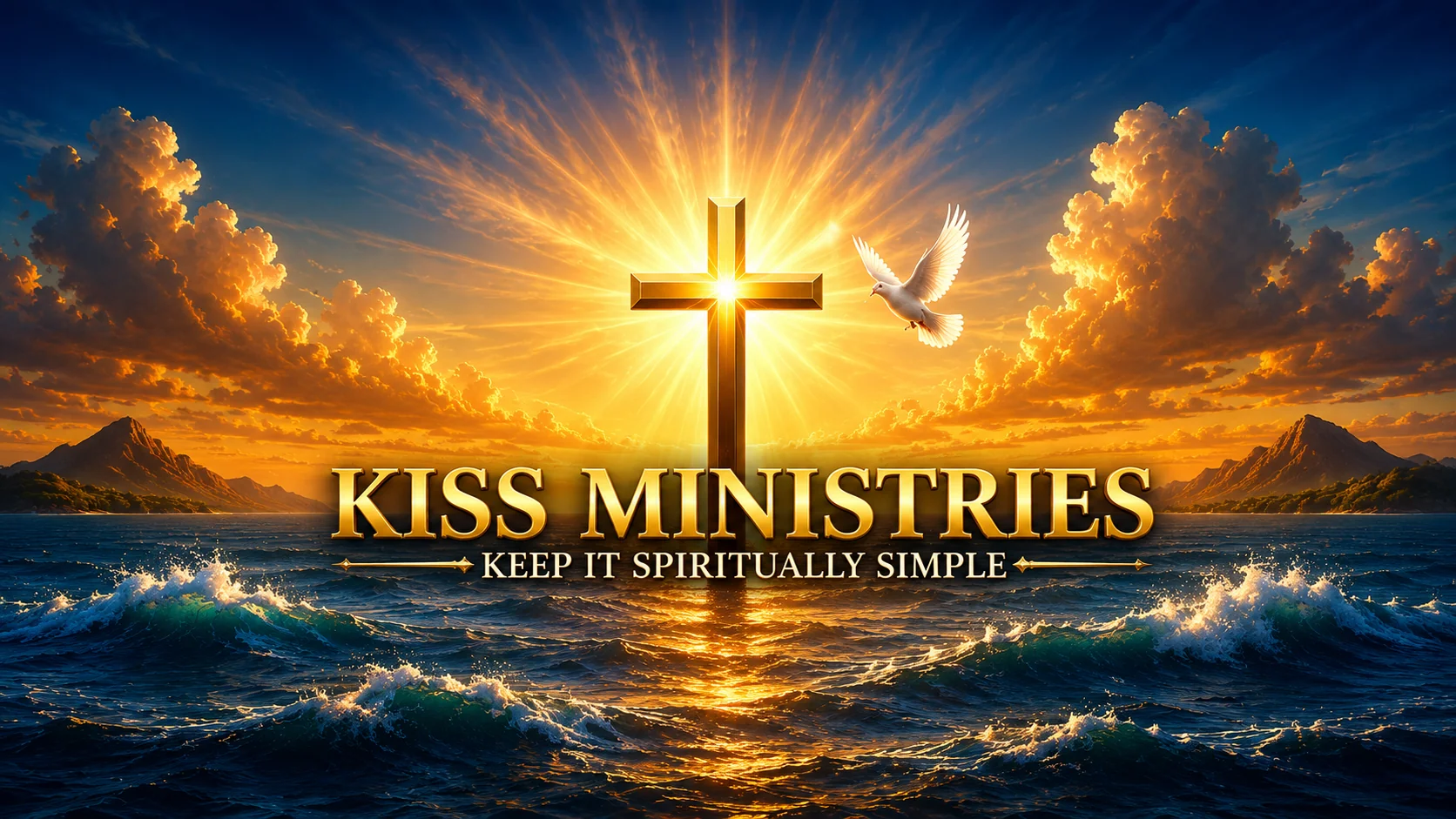 A glowing cross at sunrise over the sea, with a dove in flight and the words KISS Ministries: Keep It Spiritually Simple.